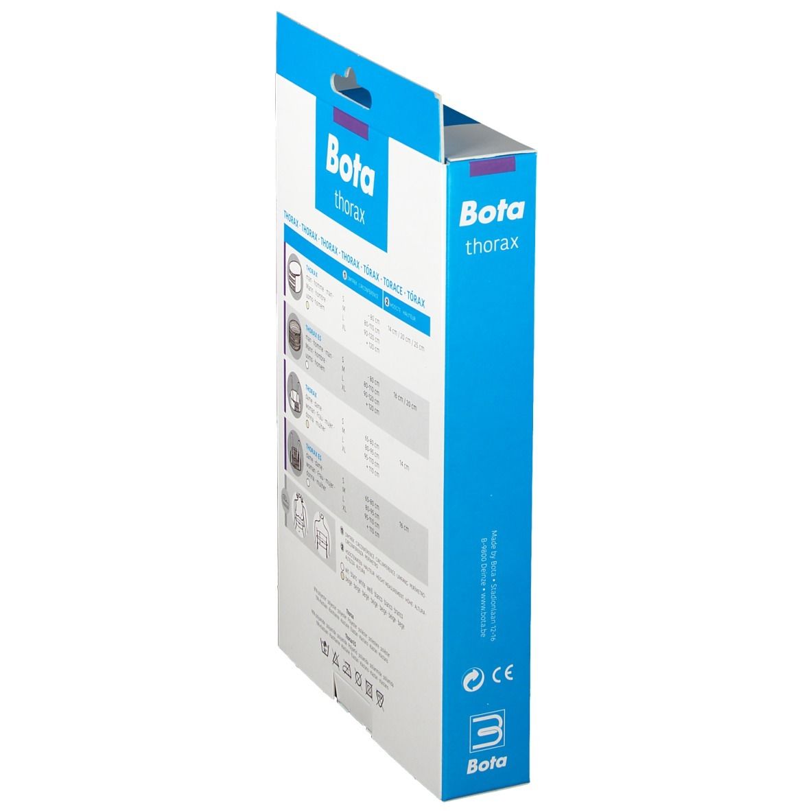 Vue latérale de l'emballage Bota Thoraxgurt. Inscription : Bota, Thorax. Marquage CE.