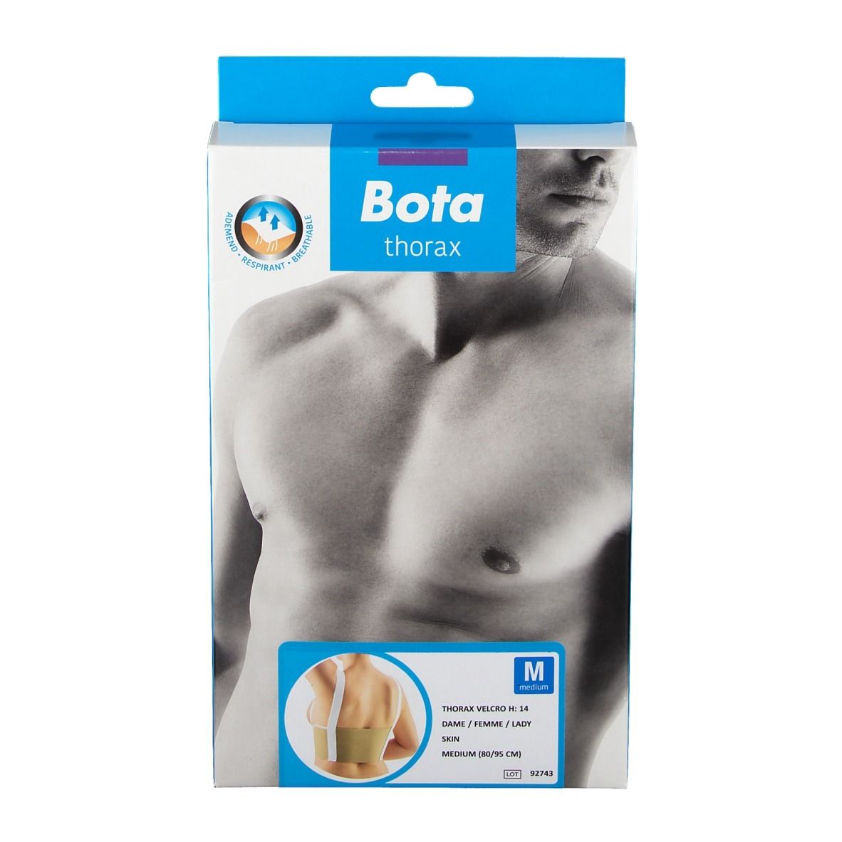 Emballage Bota Thoraxgurt. Inscription : Bota, Thorax, M. Illustration du produit. Taille M.