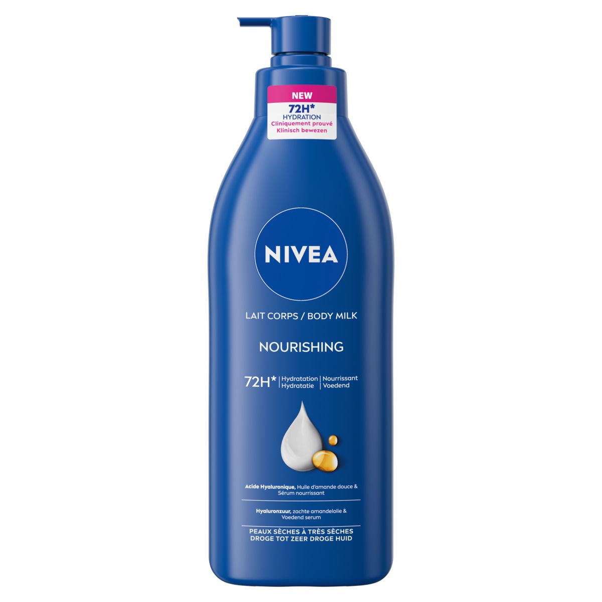 Flacon bleu NIVEA Body Milk avec pompe. Inscription : Lait Corps/Body Milk, Nourishing, 72H Hydratation.