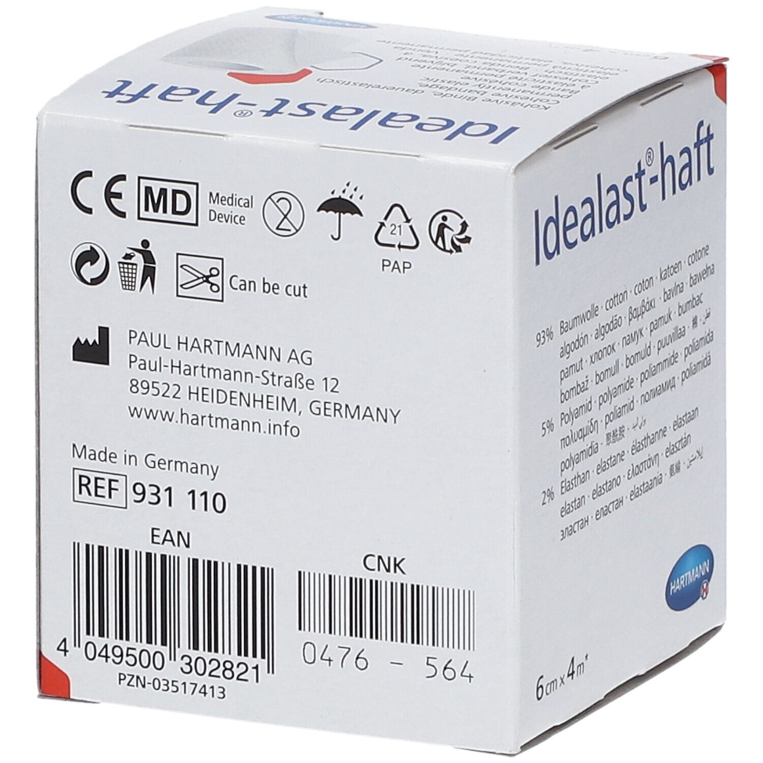 Dos de la boîte Idealast-haft. Dispositif médical. Fabricant: Paul Hartmann AG. REF 931 110. Code EAN. Peut être coupé.