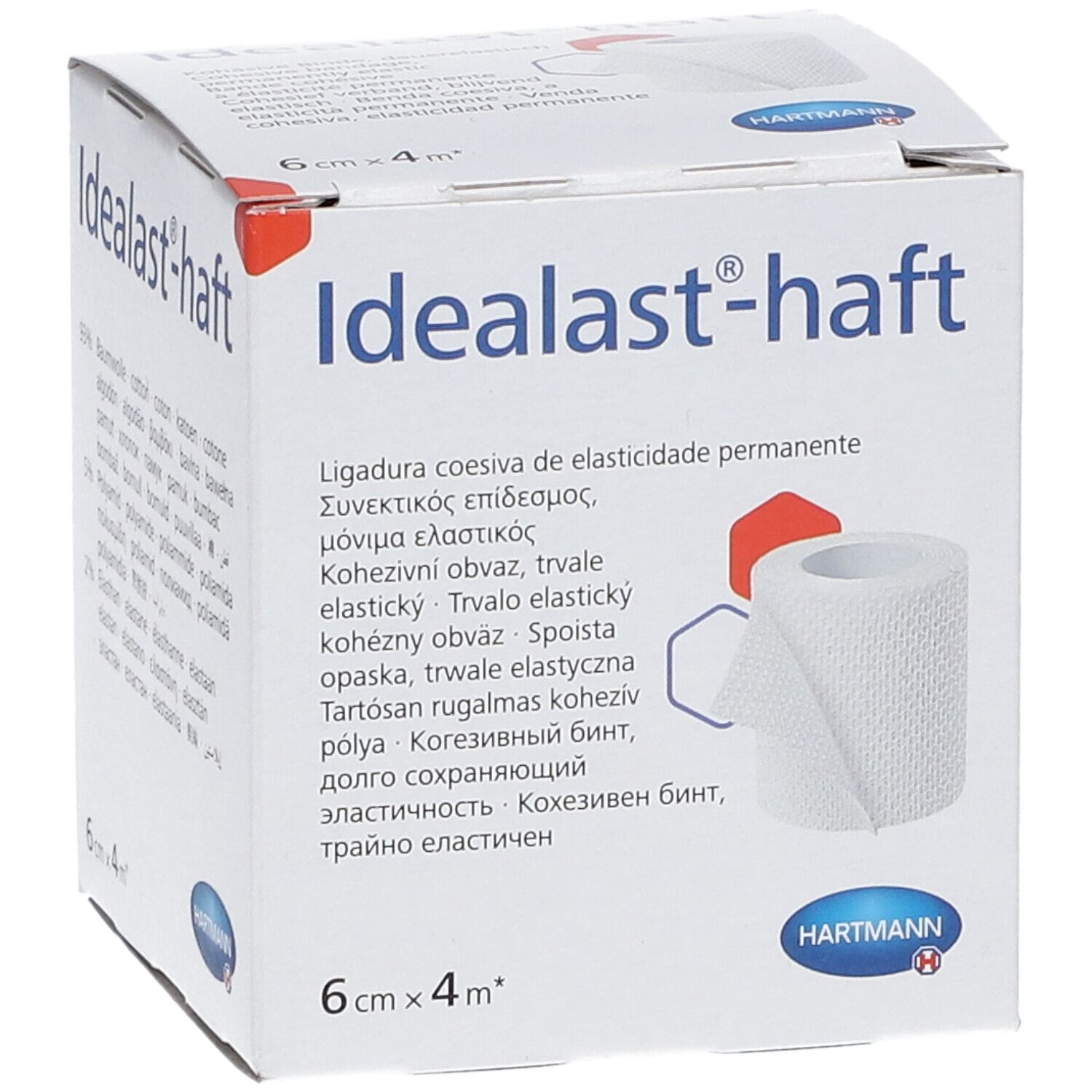 Boîte Idealast-haft, 6cm x 4m. Bande blanche représentée. Logo Hartmann.