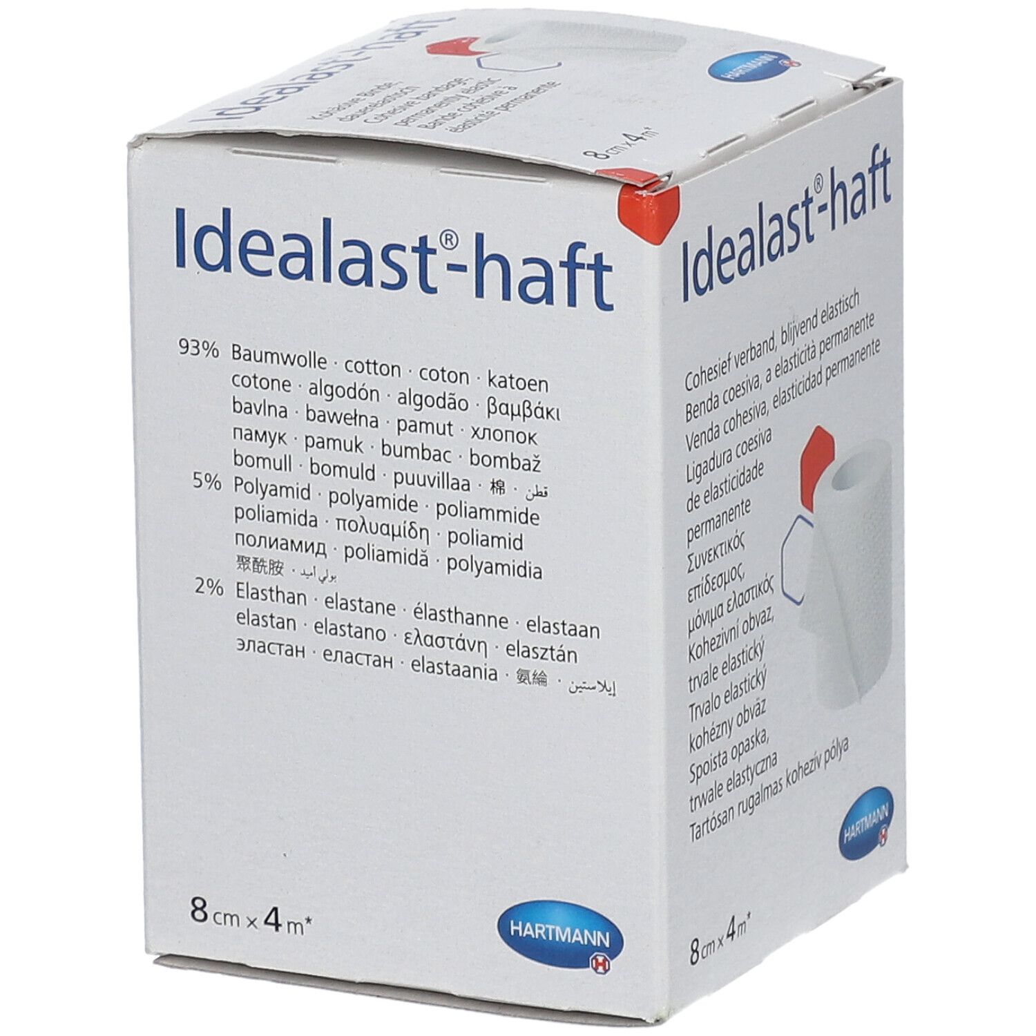 Emballage Idealast-haft. Contient 93% coton, 5% polyamide, 2% élasthanne. Inscriptions : Idealast-haft, Hartmann. 8cm x 4m.