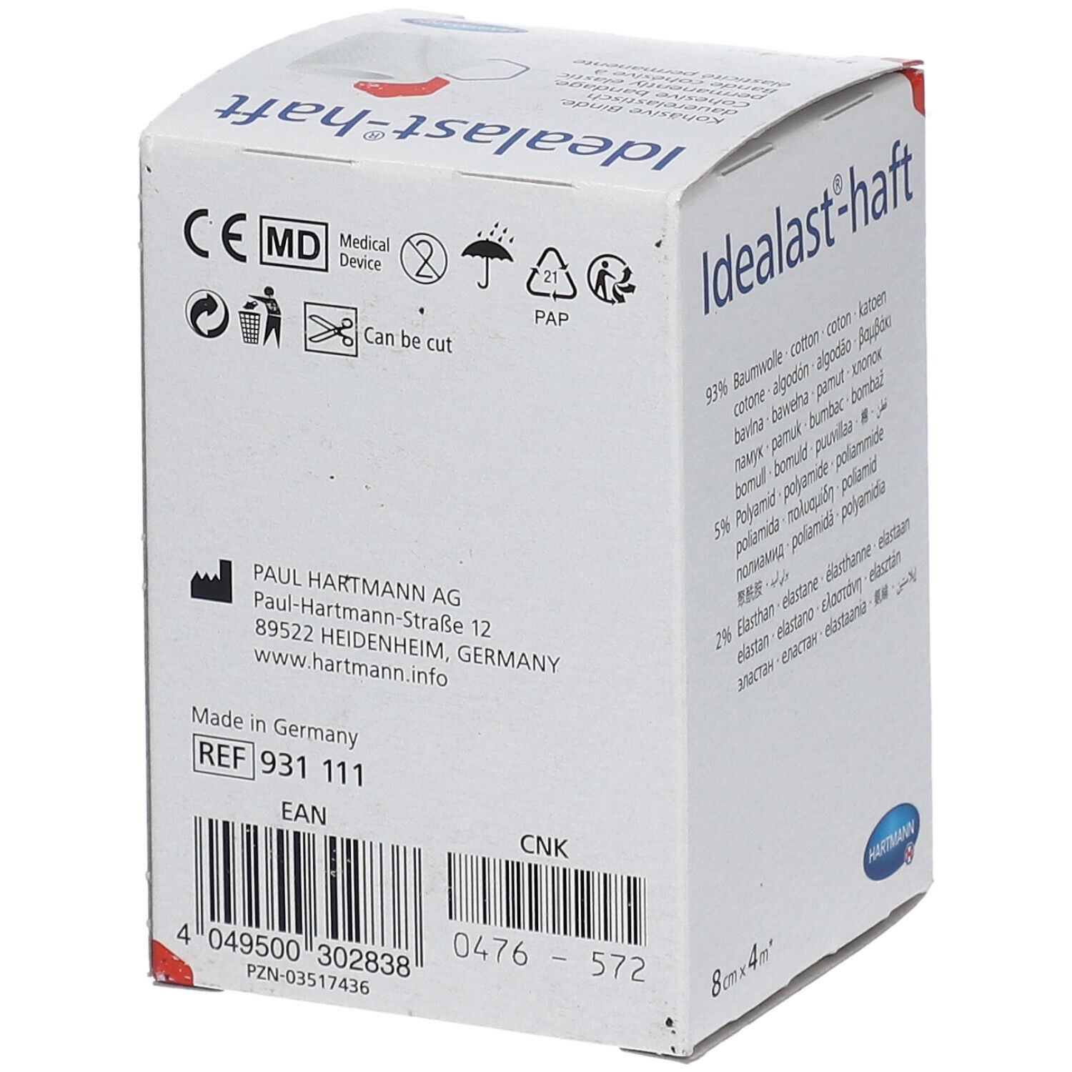 Dos de l'emballage Idealast-haft. Informations sur le fabricant et certifications. Inscriptions : Idealast-haft, Hartmann, 8cm x 4m.