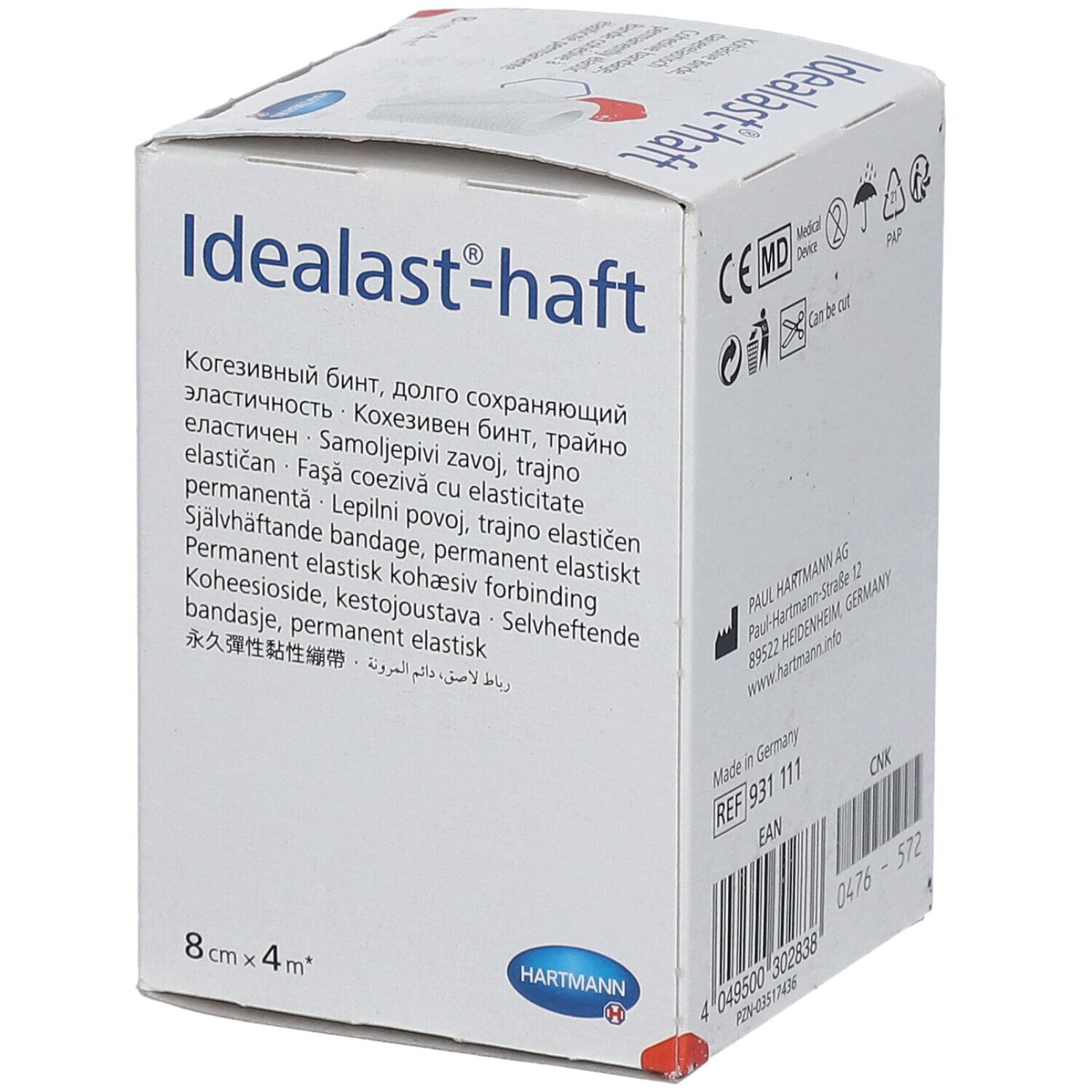 Emballage Idealast-haft. Inscriptions : Idealast-haft, Hartmann, 8cm x 4m. Inscriptions multilingues. Matériau blanc visible.