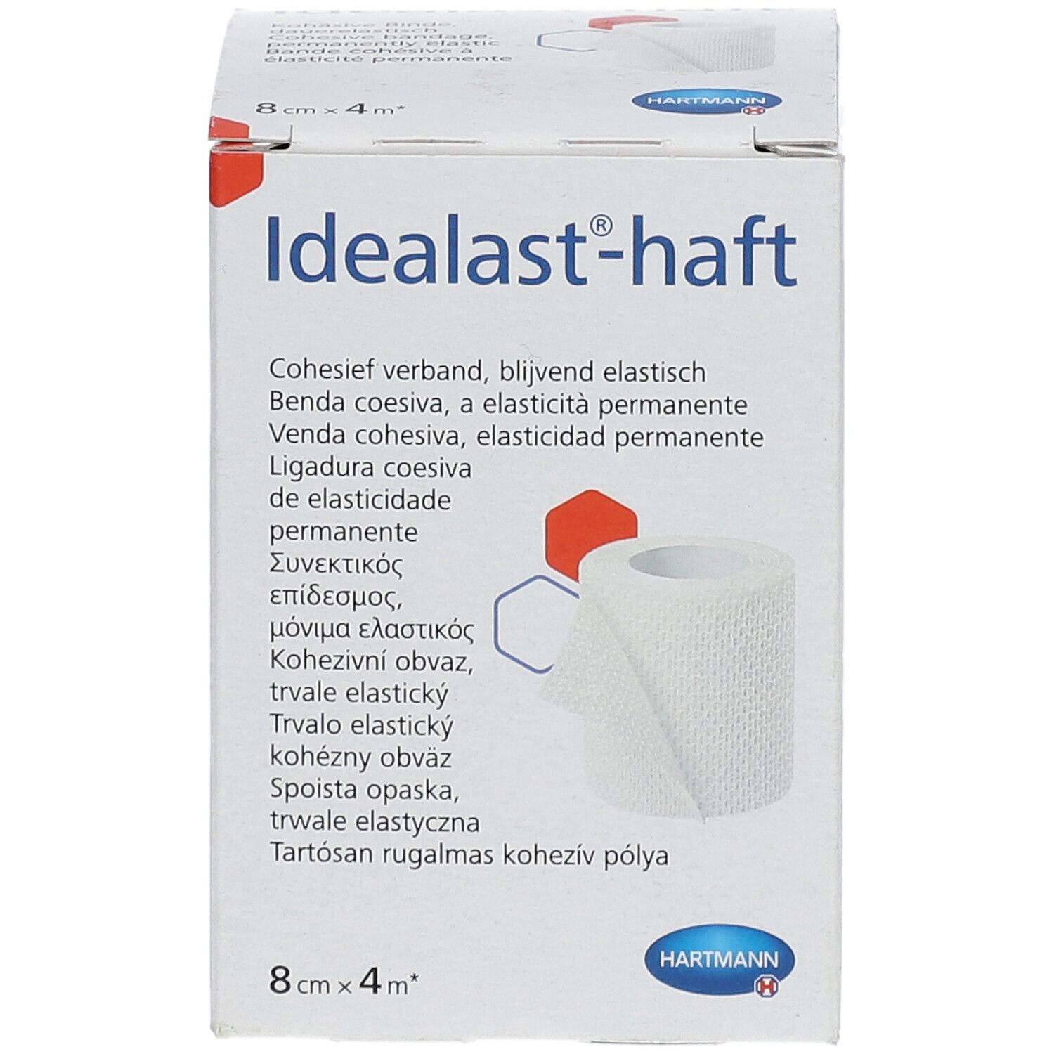 Emballage Idealast-haft. Inscriptions : Idealast-haft, Hartmann, 8cm x 4m. Matériau de bandage blanc partiellement visible.