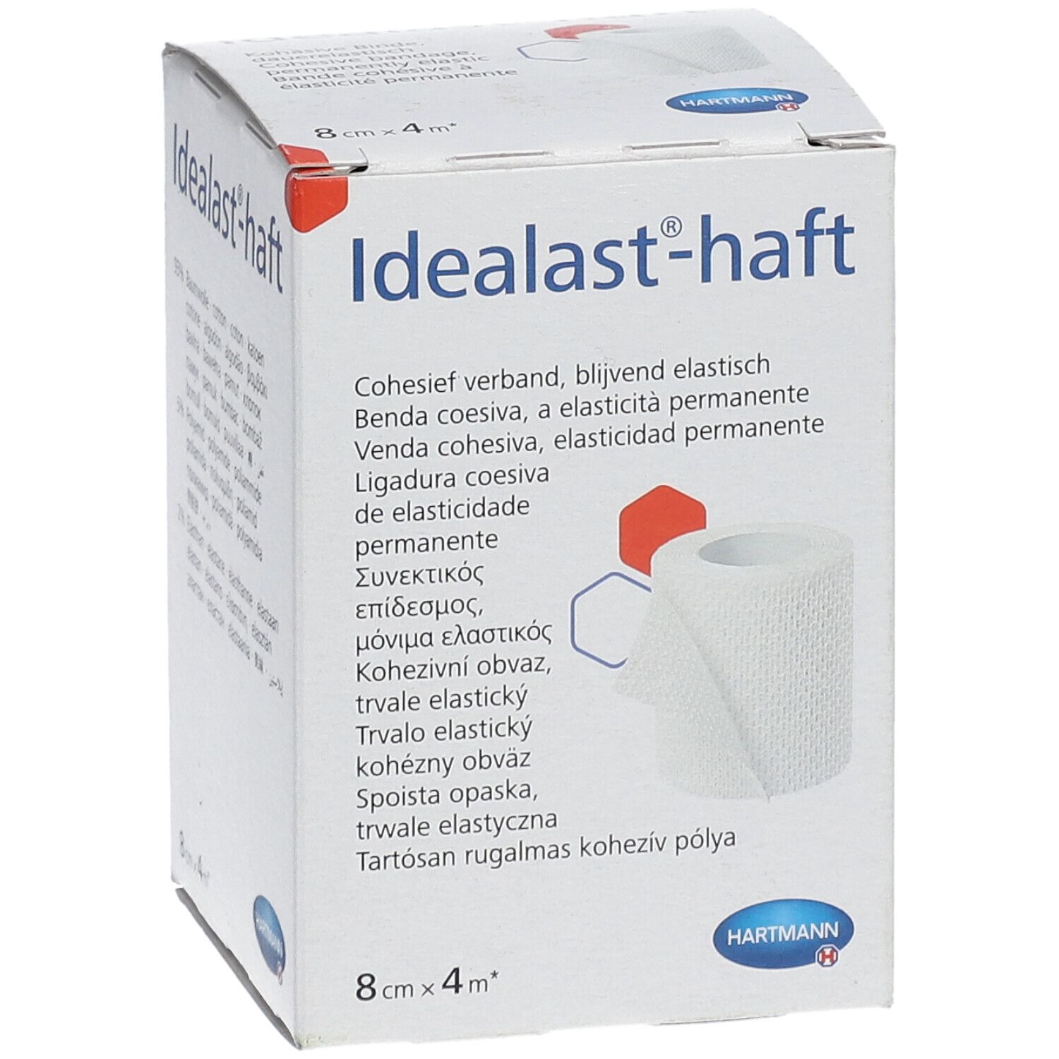 Emballage Idealast-haft. Inscriptions : Idealast-haft, Hartmann, 8cm x 4m. Matériau de bandage blanc partiellement visible.
