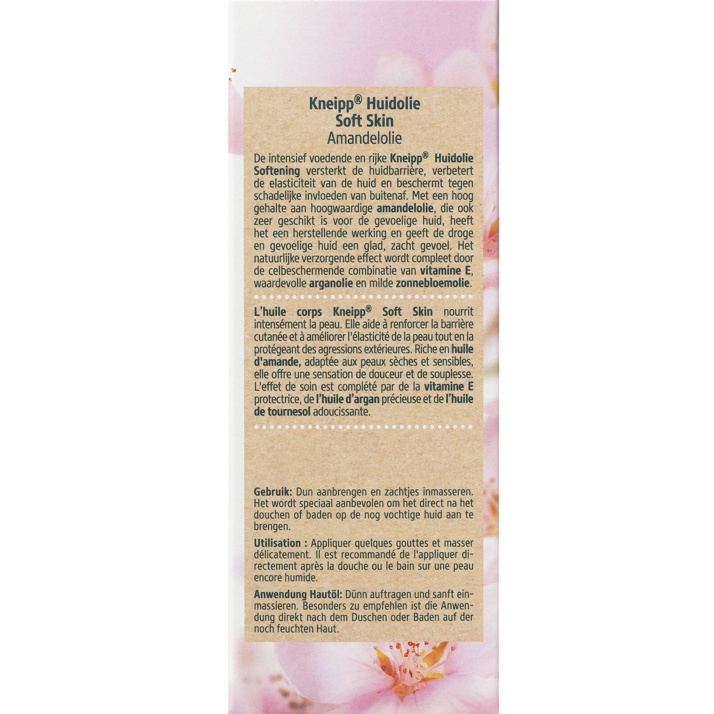 Dos du flacon Kneipp® Softening Body Oil. Texte sur l'étiquette, bouchon vert, liquide transparent.