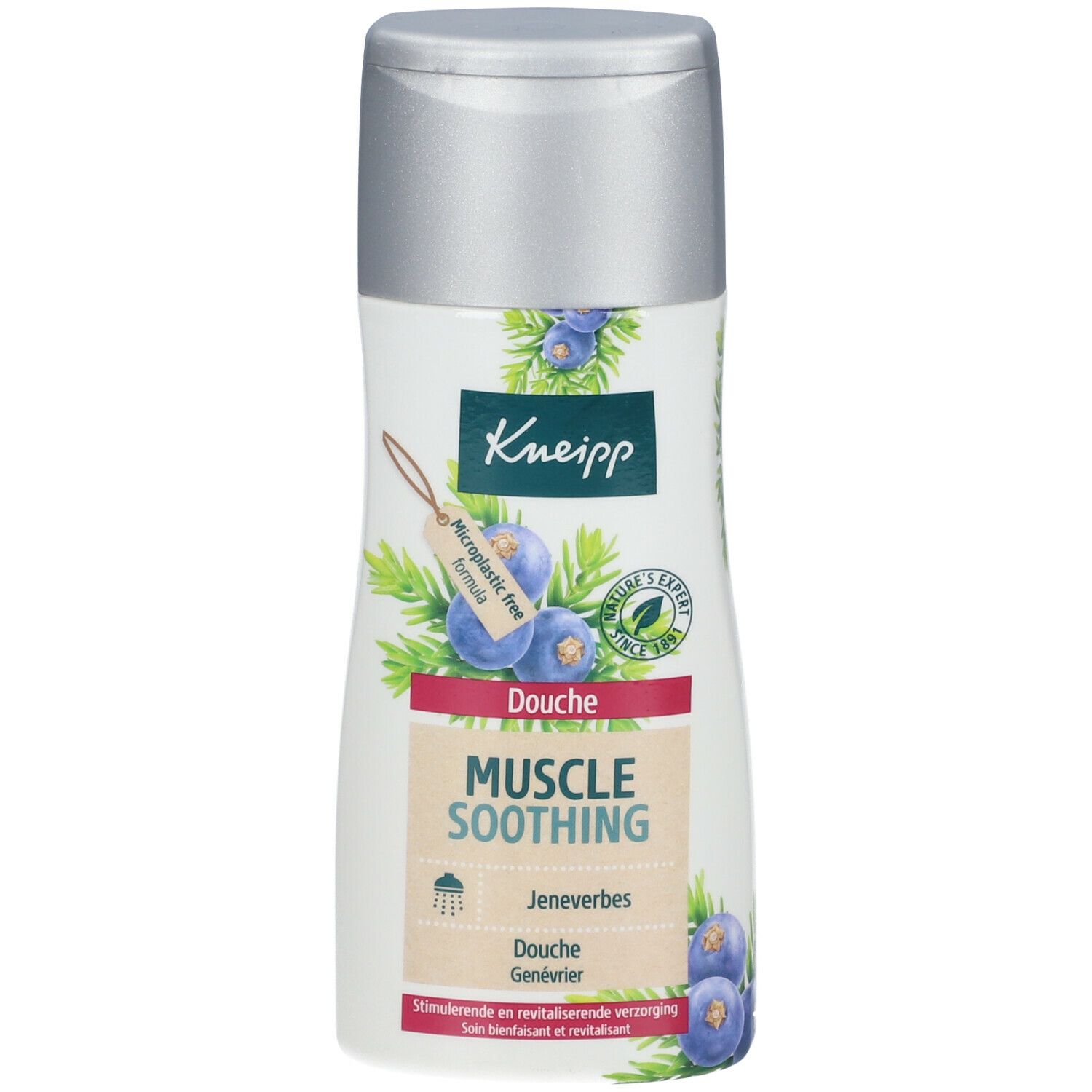 Flacon Kneipp Douche blanc, bouchon argenté. Étiquette avec myrtilles et texte: Muscle Soothing, Jenevrier. Sans microplastiques.