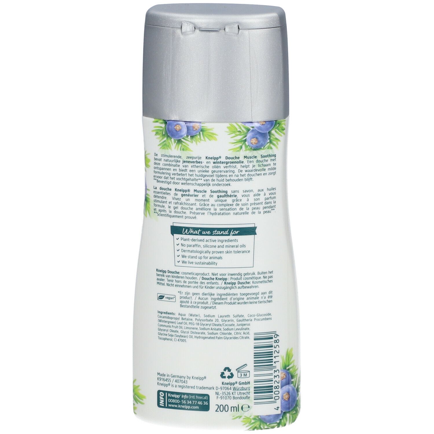Dos du flacon Kneipp Douche. Texte: Muscle Soothing, Jenevrier. Ingrédients, informations durables, 200 ml.