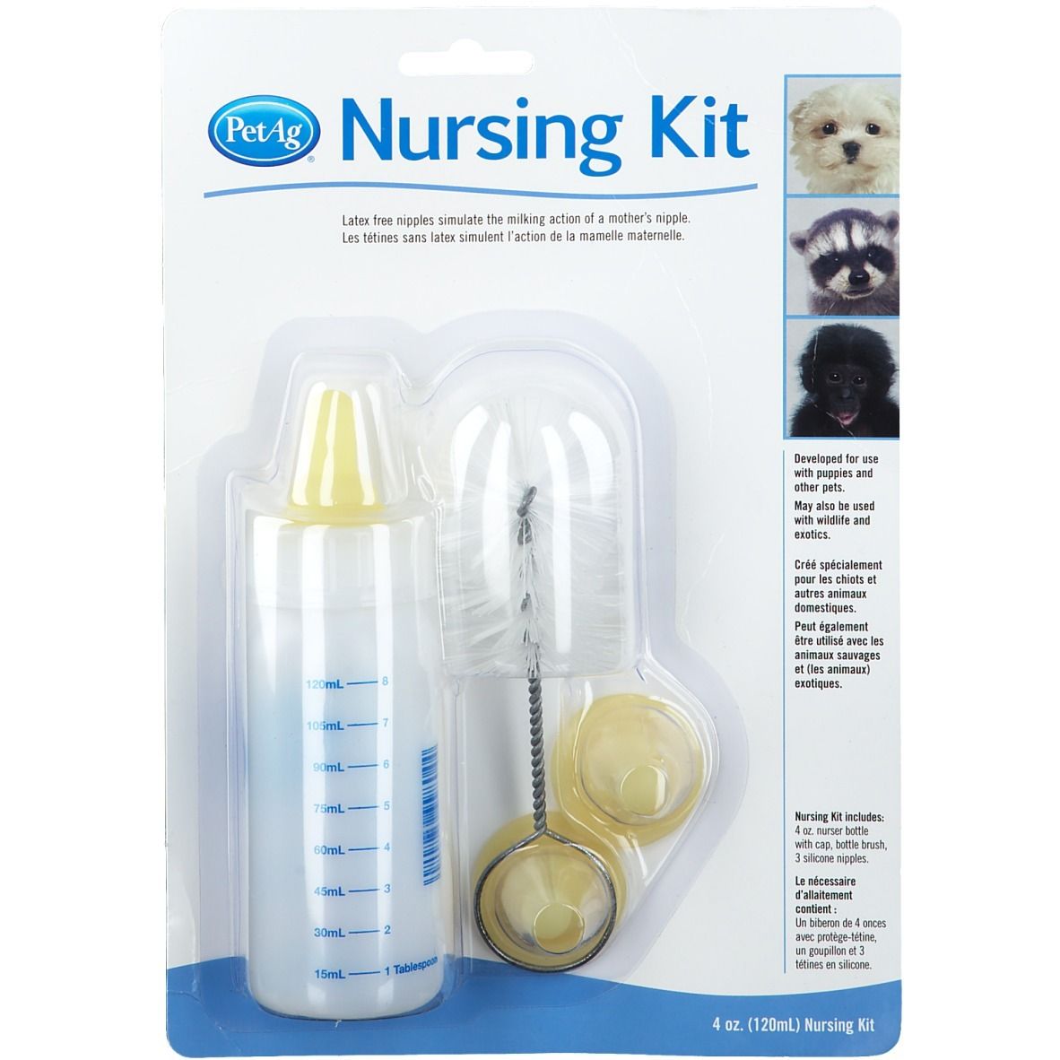 Kit d'allaitement avec biberon, tétine, brosse et couvercles. Emballage avec nom du produit et photos d'animaux.