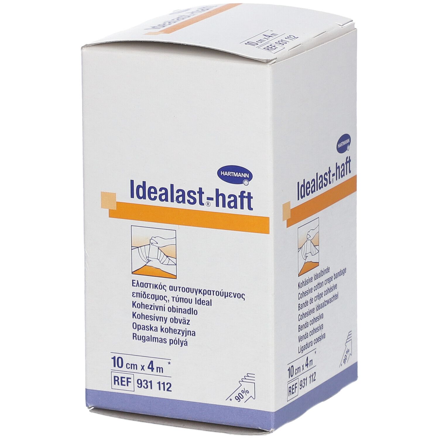 Hartmann Idealast-haft, bandage 10cm x 4m. Boîte blanche avec nom et illustration. Désignations multilingues.