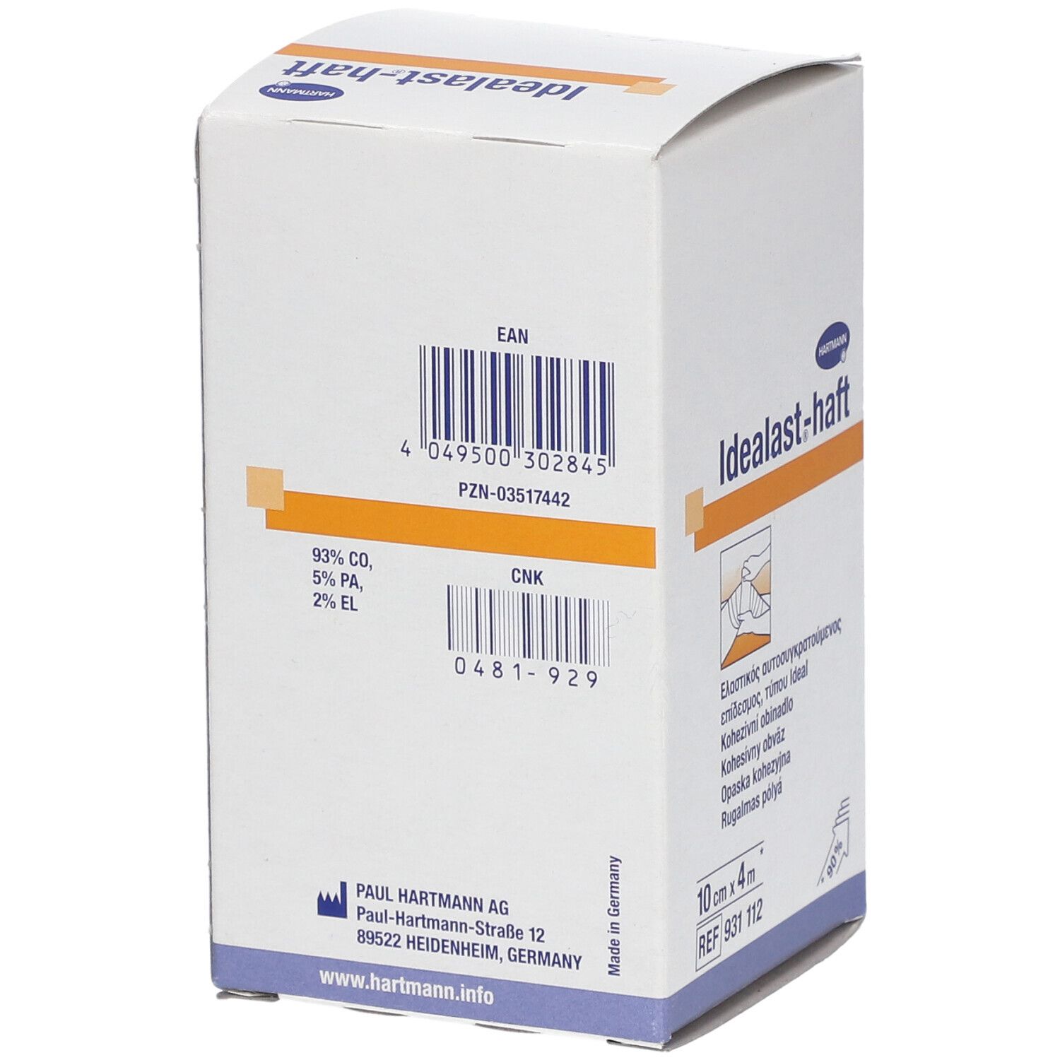 Dos de l'emballage Hartmann Idealast-haft. Code-barres, informations fabricant et composition du produit.