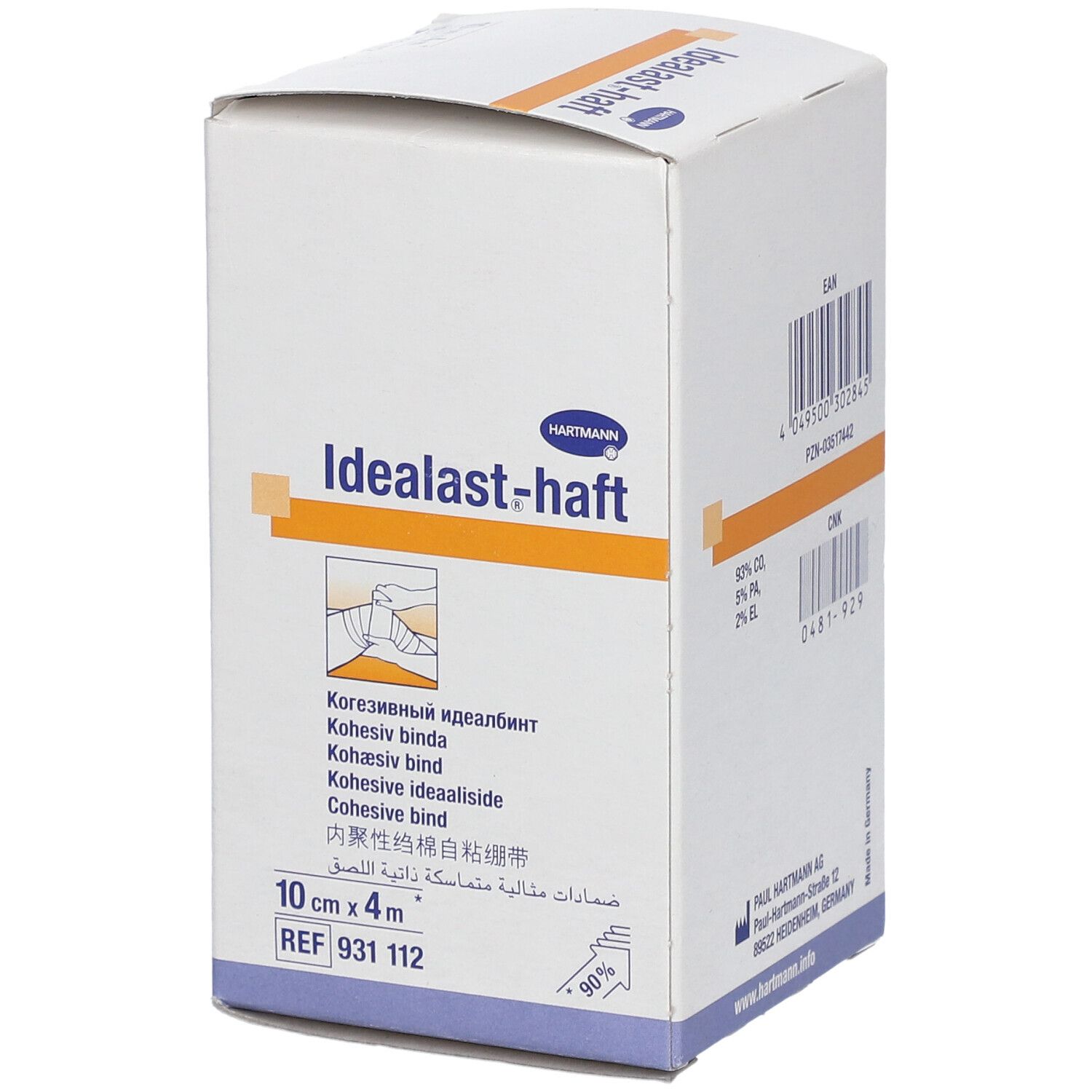 Hartmann Idealast-haft, bandage 10cm x 4m. Boîte blanche avec nom et illustration. Désignations multilingues.