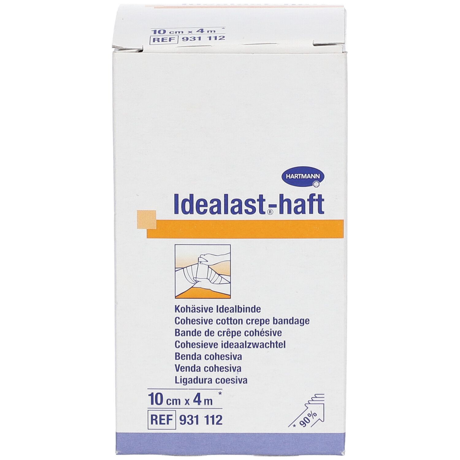 Hartmann Idealast-haft, bandage 10cm x 4m. Boîte blanche avec nom et illustration. Bande de crêpe cohésive.