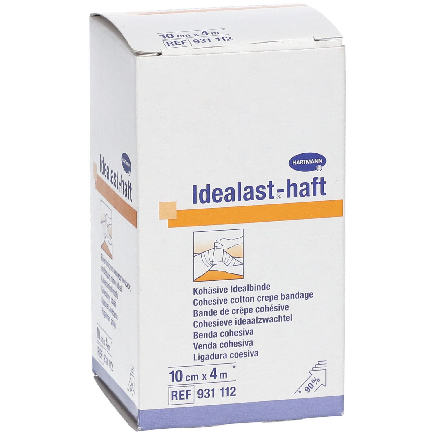 Hartmann Idealast-haft, bandage 10cm x 4m. Boîte blanche avec nom et illustration. Bande de crêpe cohésive.