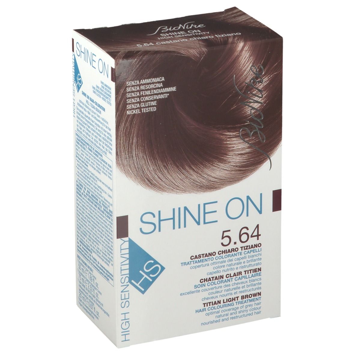 Boîte de coloration capillaire. Marque Bionike, nom du produit Shine On 5.64. Brun châtain. Sans ammoniaque, résorcine, conservateurs, gluten. Testé au nickel.
