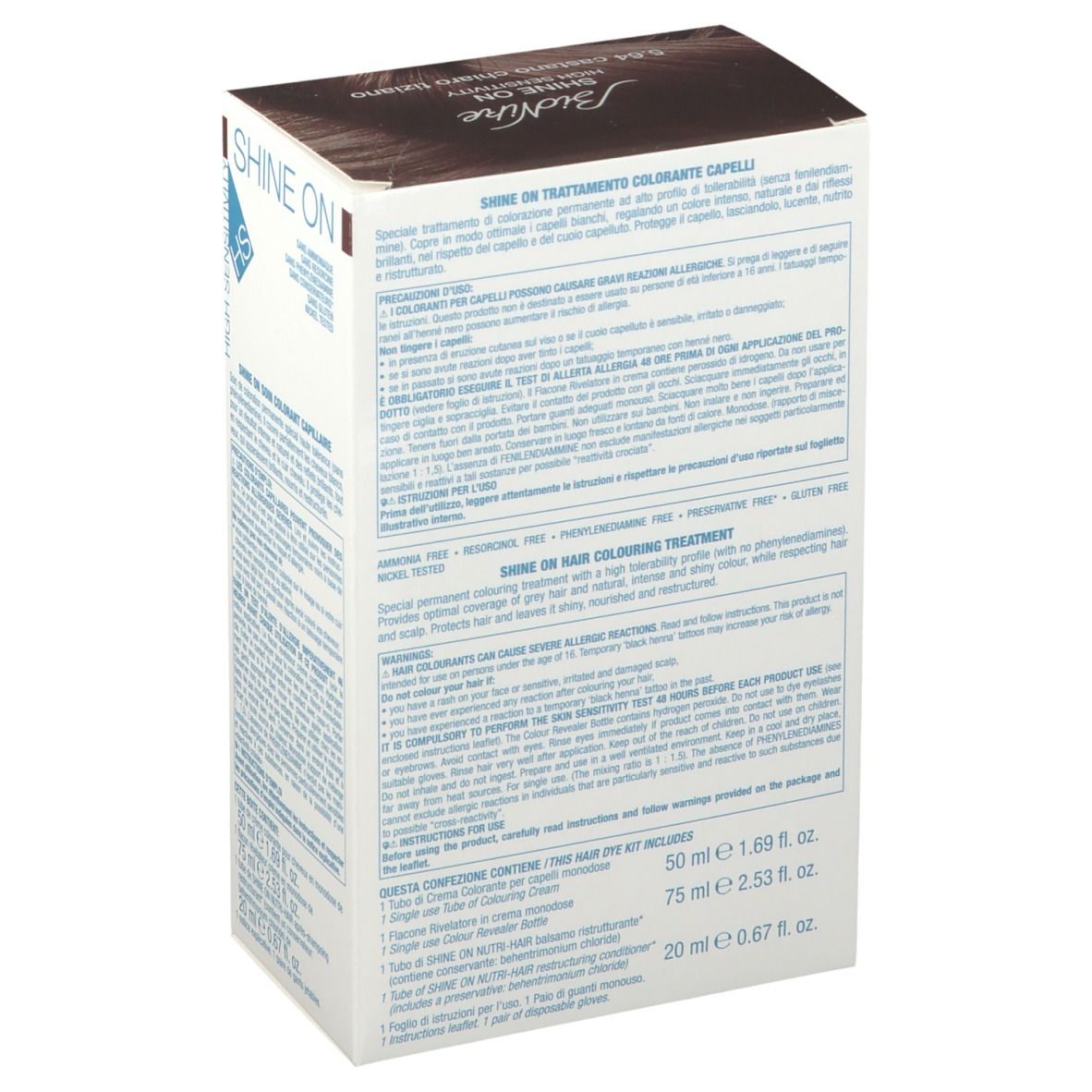 Emballage de coloration capillaire, marque Bionike. Nom du produit Shine On. Texte en plusieurs langues. Contient 50 ml, 75 ml et 20 ml. Sans ammoniaque, résorcine, gluten.