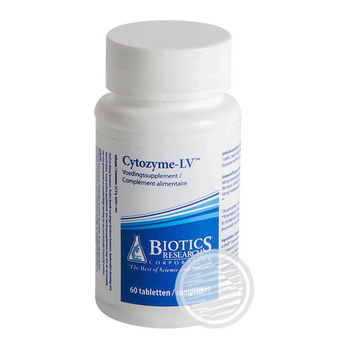 Bouteille blanche avec étiquette Cytozyme-LV et 60 comprimés.