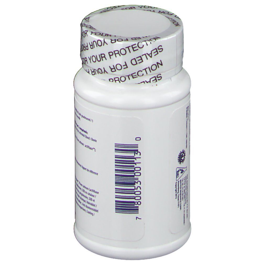 Côté d'une bouteille blanche avec code-barres et informations produit.