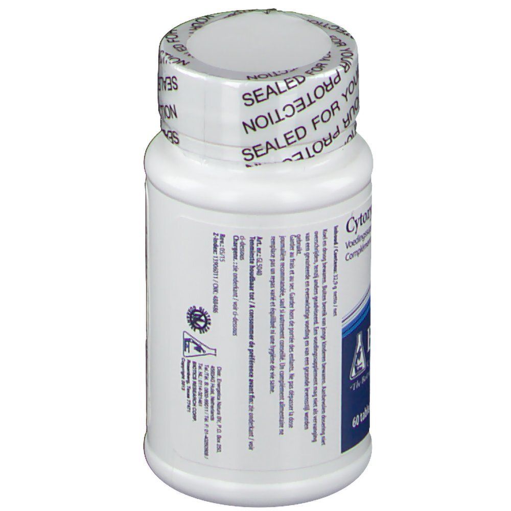 Avant d'une bouteille blanche avec étiquette Cytozyme-LV et 60 comprimés.