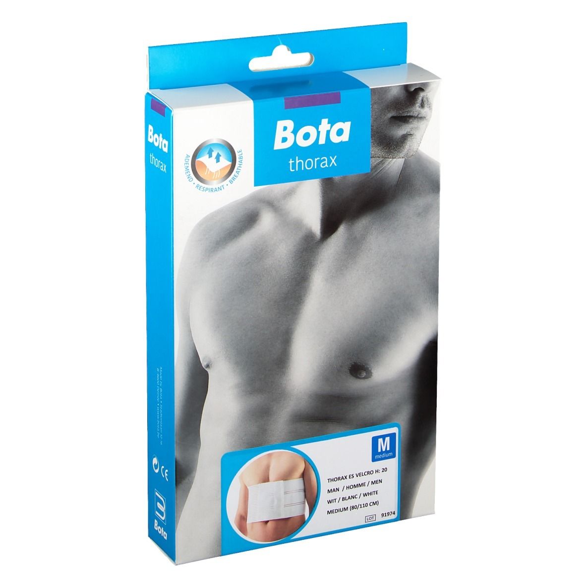 Emballage Bota Thoraxgurt ES Herren. Produit blanc illustré. Taille M, 80-110 cm.