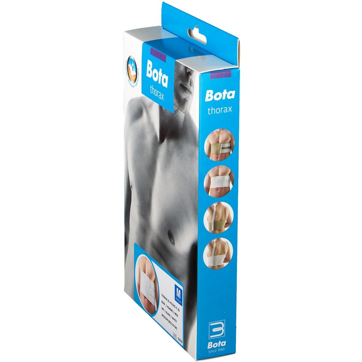 Emballage Bota Thoraxgurt, vue latérale. Illustrations et tailles du produit. Taille M, 80-110 cm.