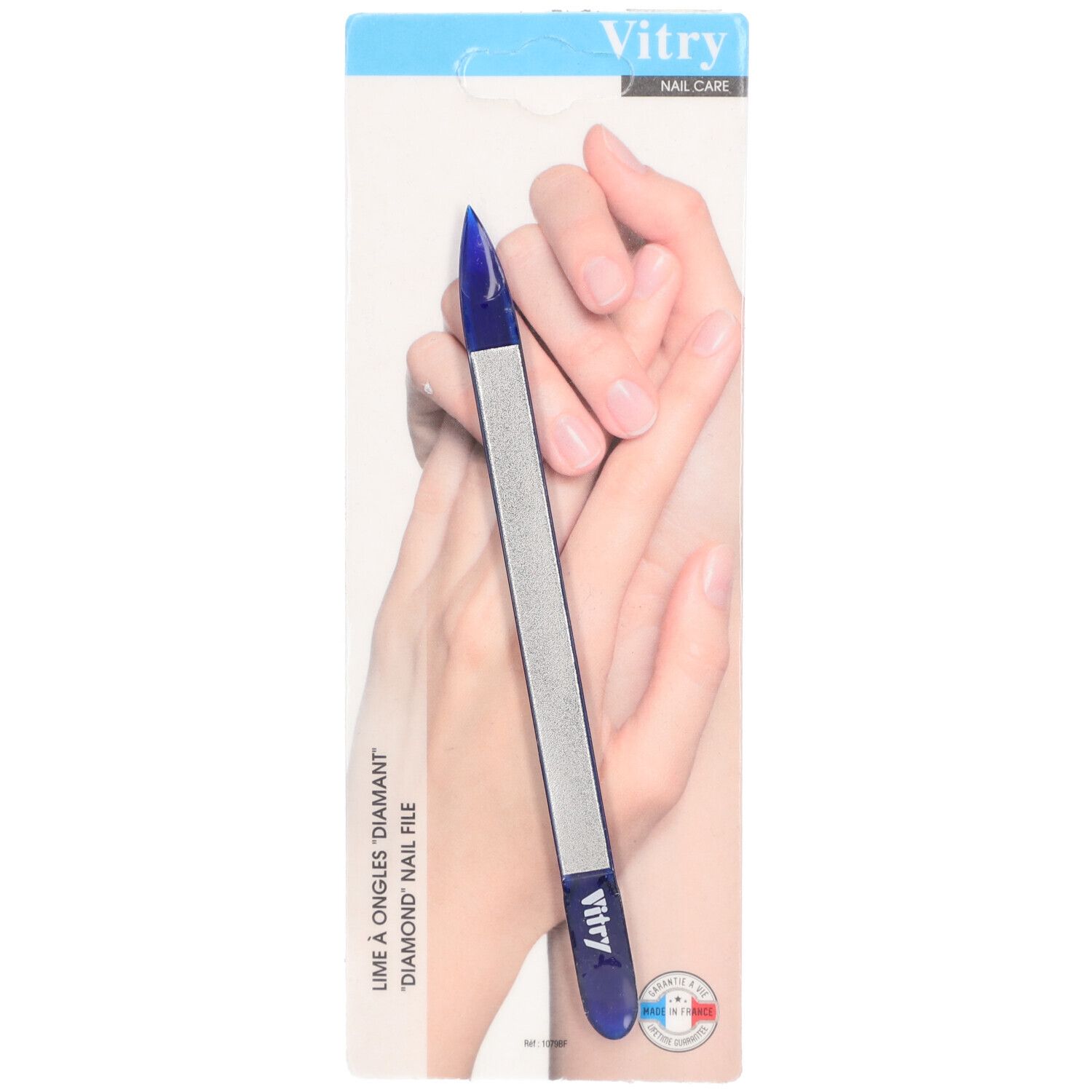 Lime à ongles Vitry diamant avec manche bleu et pointe. Surface de limage argentée.
