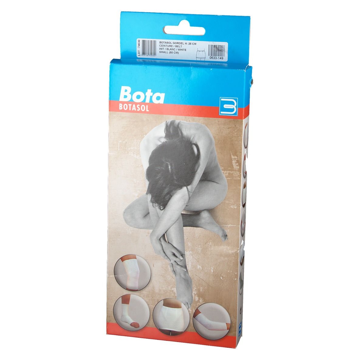 Emballage Botasol Belt. Femme, illustrations produit, logo Bota. Design bleu et blanc.