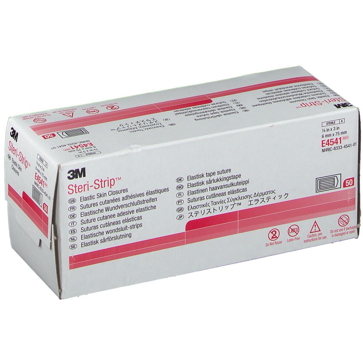 Boîte 3M Steri-Strip. Contient des sutures cutanées adhésives élastiques. Dimensions : 6 mm x 75 mm. 50 unités. Informations produit.