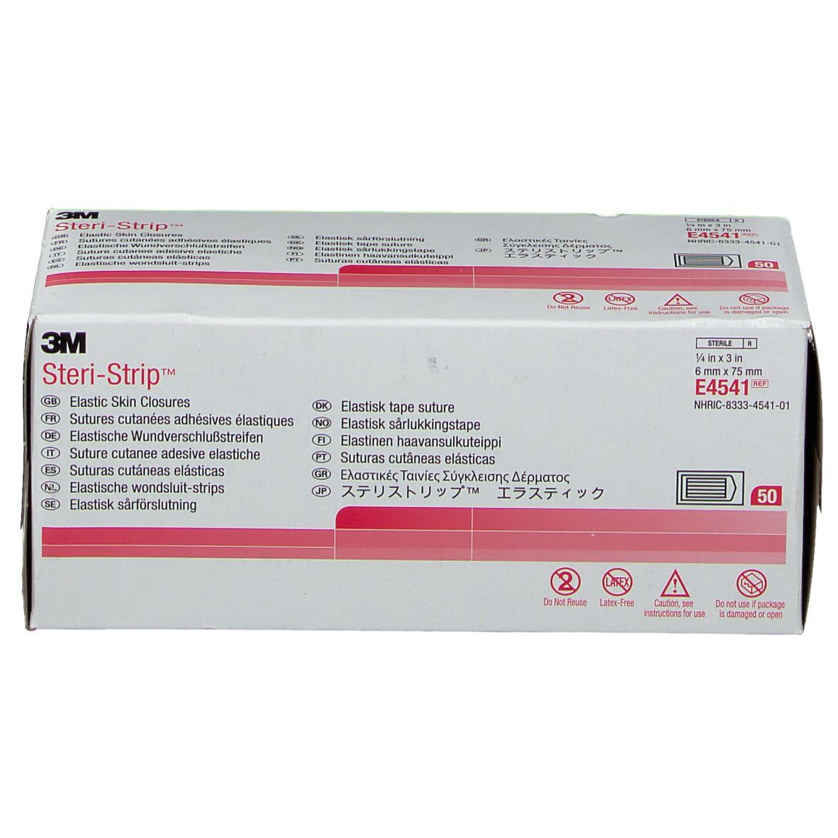 Boîte 3M Steri-Strip. Contient des sutures cutanées adhésives élastiques. Dimensions : 6 mm x 75 mm. 50 unités. Informations produit.