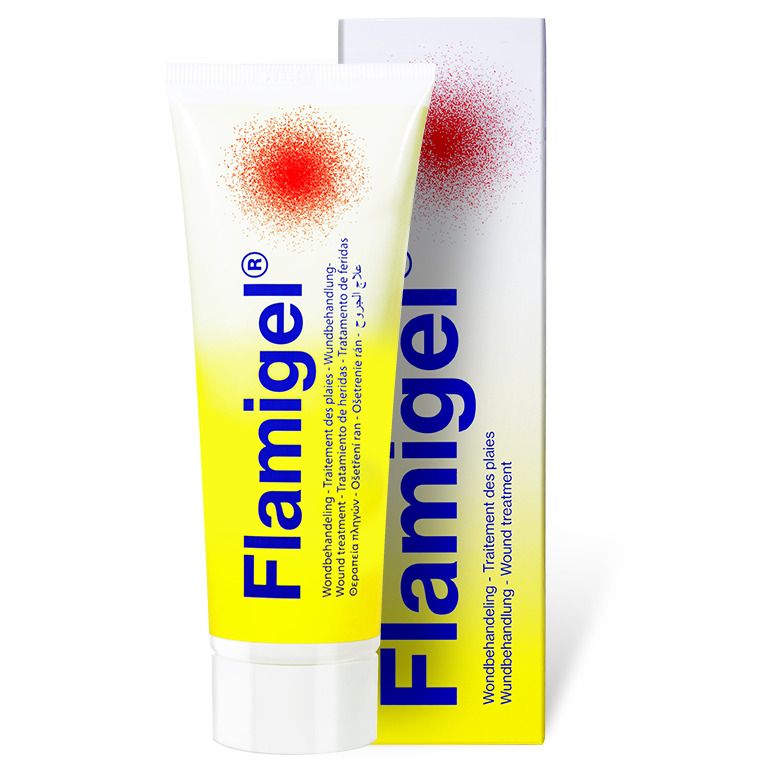 Tube et boîte Flamigel®. Tube de gel et boîte avec logo point rouge.