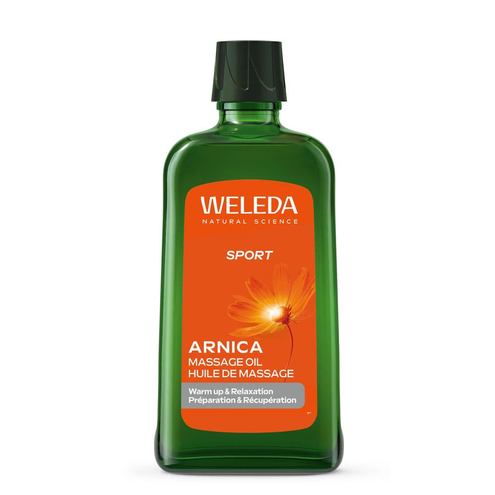 Huile de massage Weleda Arnica en flacon vert avec étiquette orange. 200 ml.