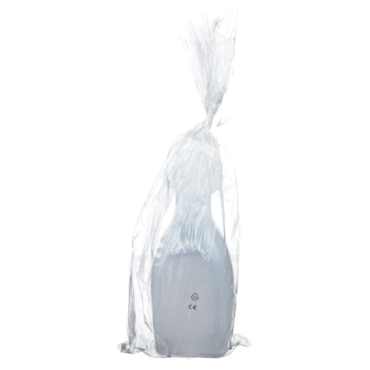 Urinal dans un emballage plastique transparent. Marque CE visible. Produit emballé.