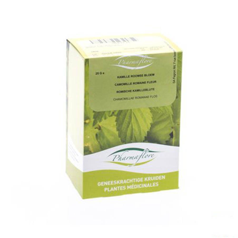 Boîte en carton avec noms de produits multilingues. Marque Pharmaflore, 25g.