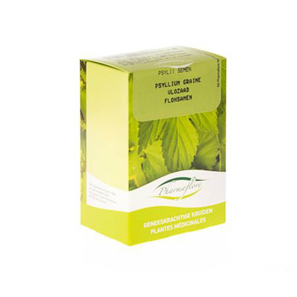 Boîte verte avec nom du produit et feuilles. Texte: Psyllium, Pharmaflore, Plantes médicinales.