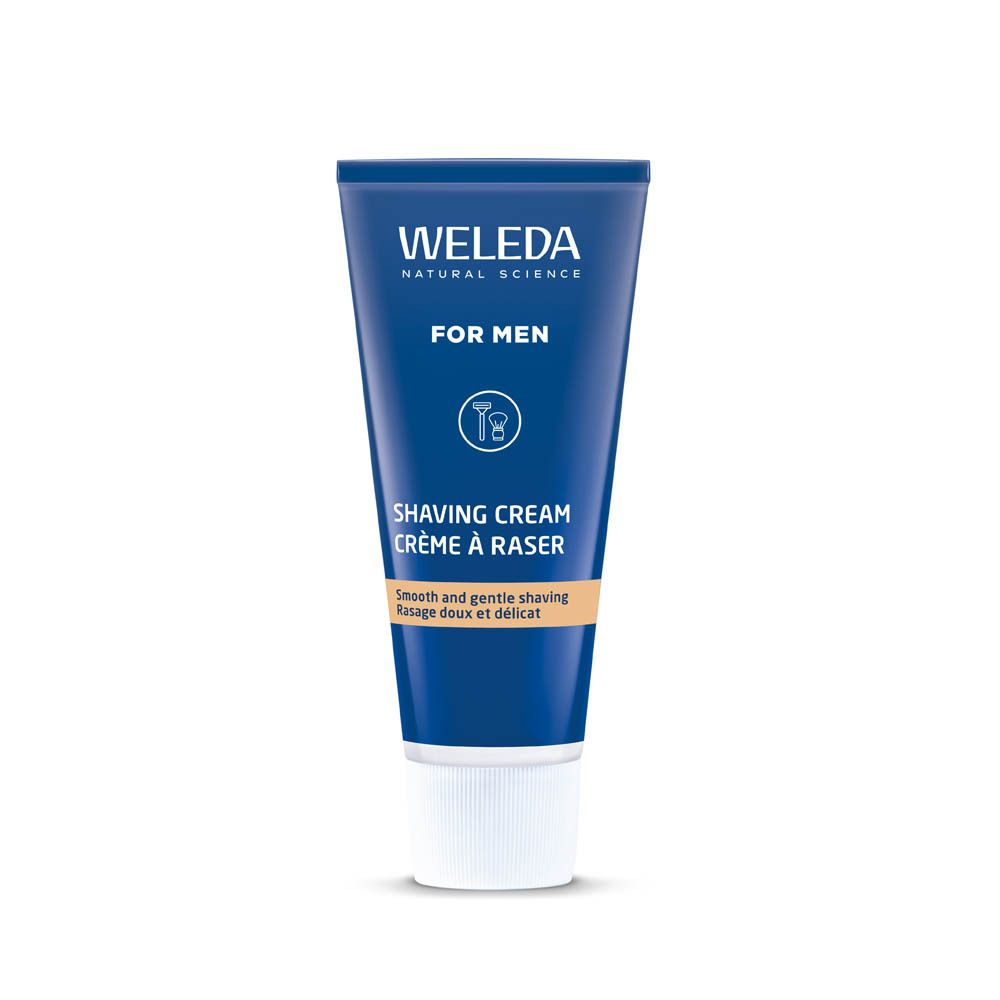 Crème à raser Weleda pour hommes en tube bleu avec bouchon blanc. 75 ml.