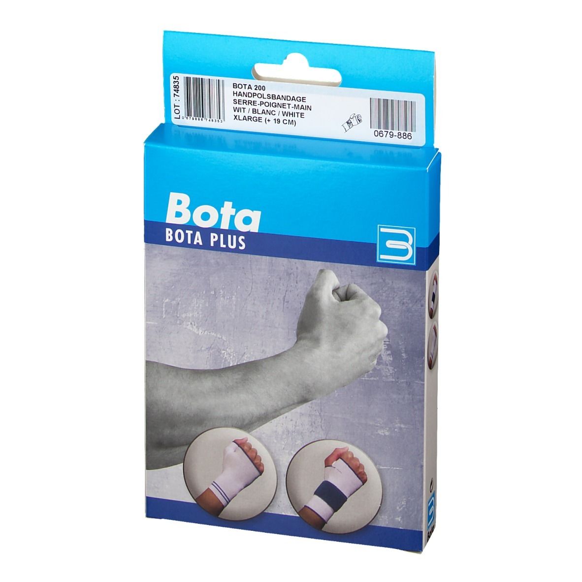 Boîte bleue BOTA PLUS. Bandage poignet XL. Illustration du produit et logo. Informations.