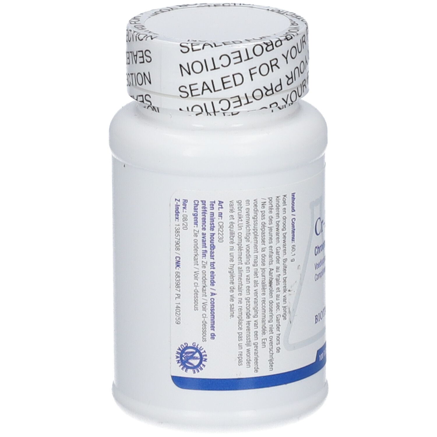 Flacon blanc avec étiquette. Inscription: Cr-Zyme, Biotics Research. Sur le couvercle: Sealed for your protection. Arrière avec texte.