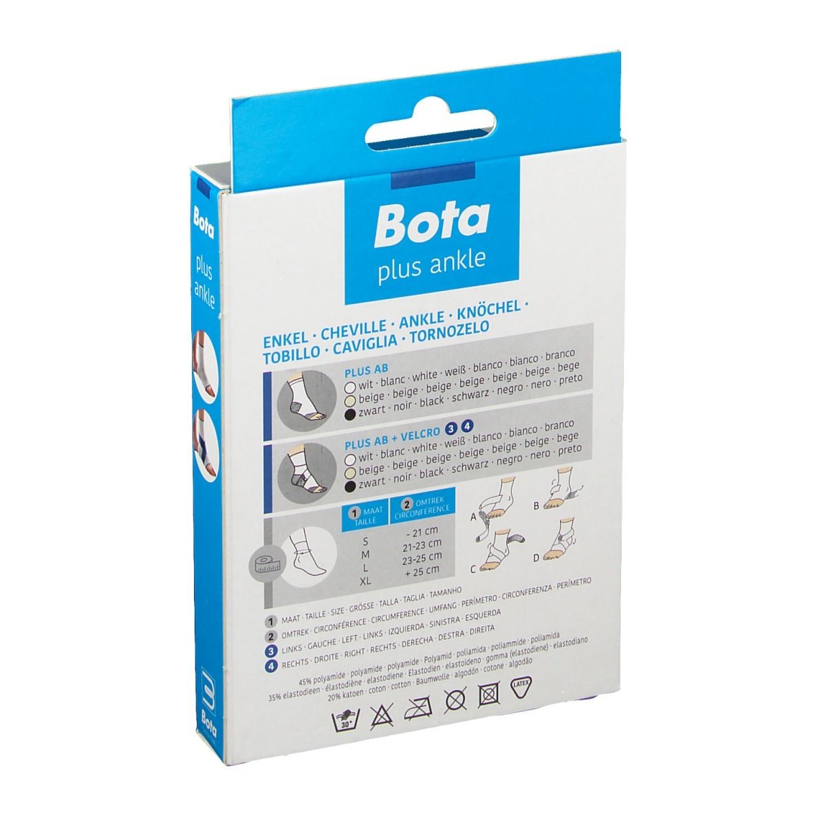 Dos de la boîte de l'attelle de cheville BOTA PLUS AB. Informations de taille, illustrations et informations multilingues.