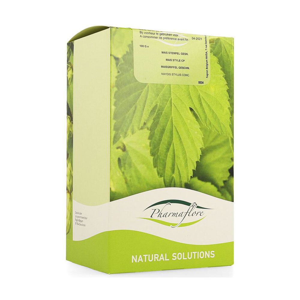 Boîte Pharmaflore avec nom du produit et logo. Contient des stigmates de maïs. Fond vert.
