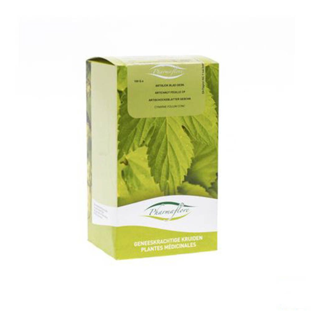 Emballage Pharmaflore. Nom du produit, illustration de feuilles vertes. Texte: Plantes médicinales.