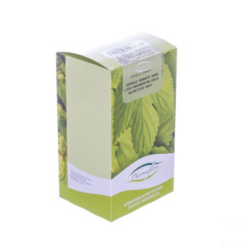 Boîte Pharmaflore en biais. Vert et blanc, avec des feuilles. Texte: Pharmaflore, plantes médicinales.