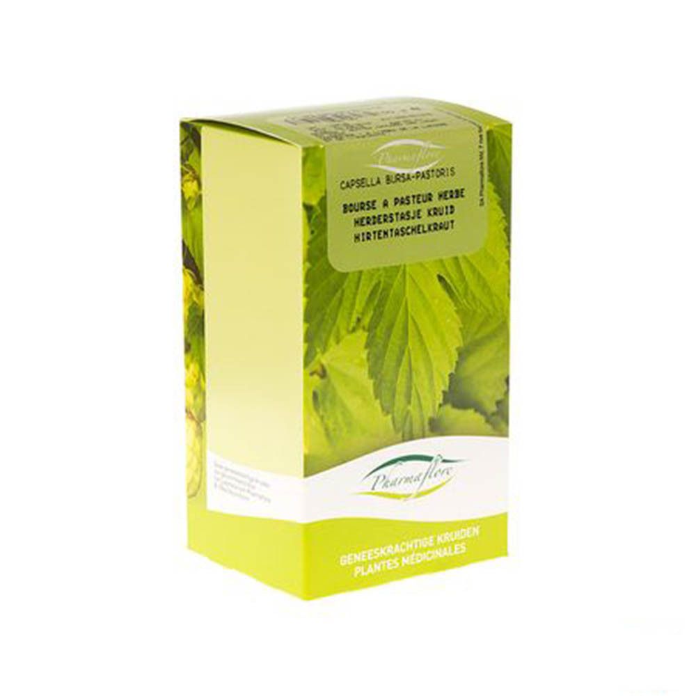 Boîte verte avec texte et feuilles. Logo Pharmaflore. Texte: Capella bursa-pastoris.