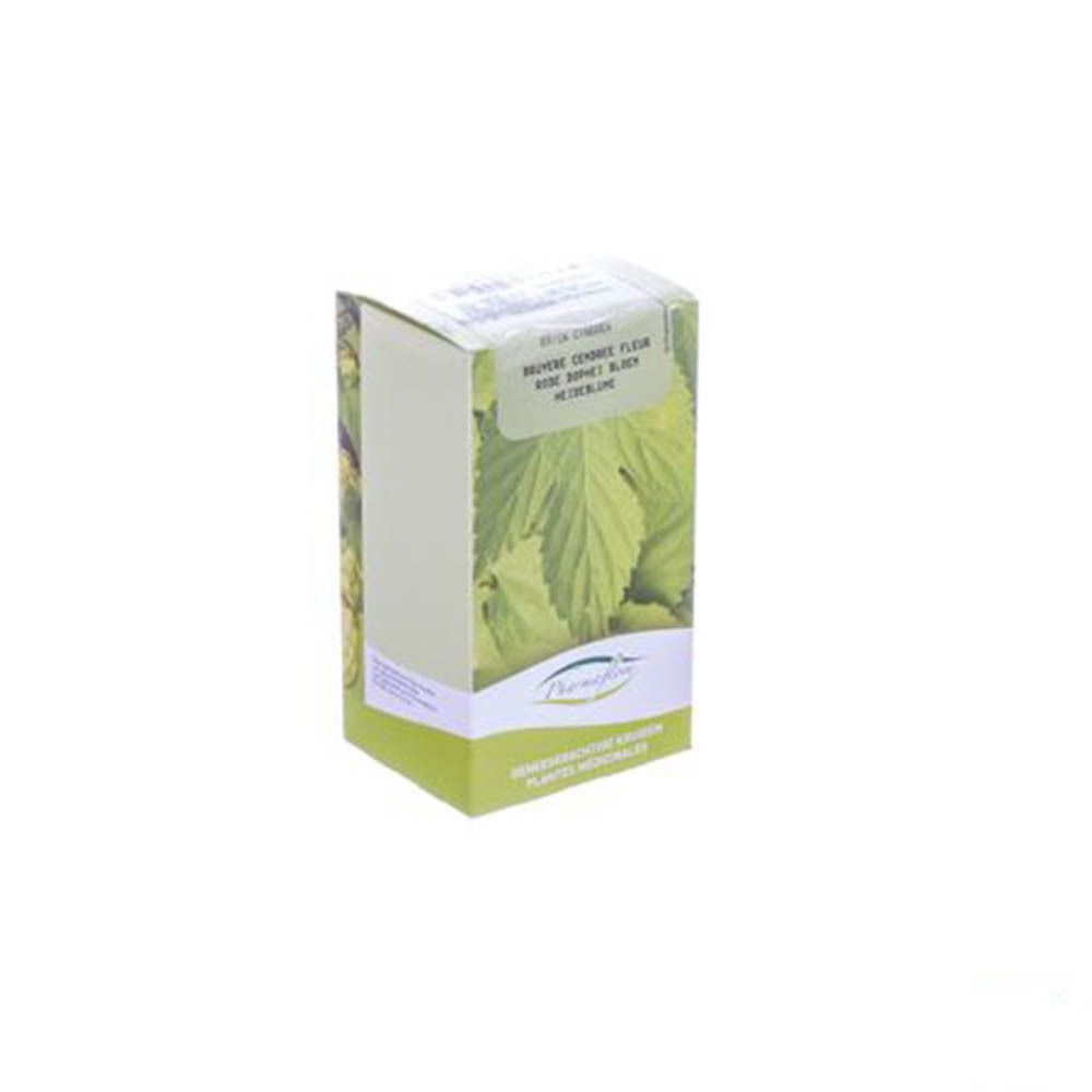 Vue en biais de la boîte Pharmaflore. Texte : Bruyère Cendrée Fleur, Vone Barret Blume. Design vert et blanc.