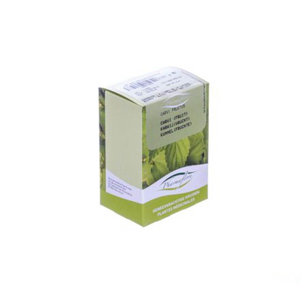 Vue en biais de la boîte Pharmaflore Carvi Fruit. Boîte verte et blanche avec texte. Texte : Carvi Fructus, Natural Solutions.
