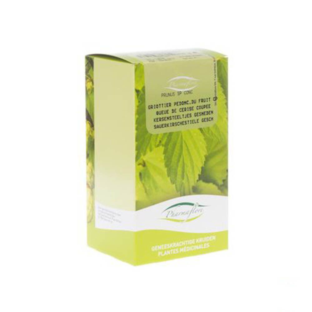 Boîte Pharmaflore. Design vert et blanc. Texte: Griottier, Queue de Cerise Coupée, Kersensteeltjes Gesneden.