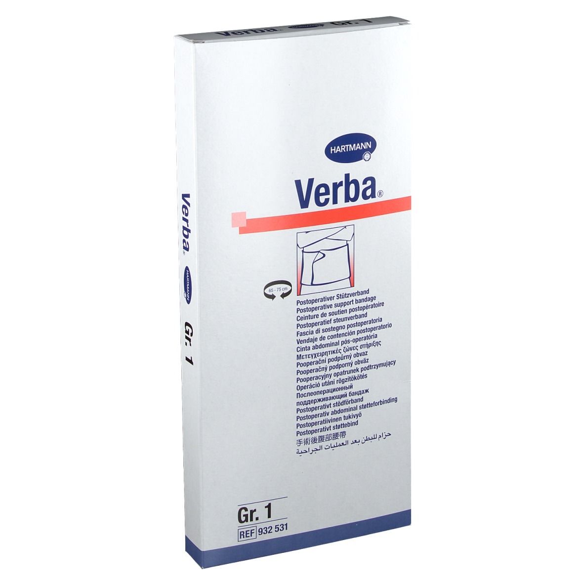 Emballage Verba Gr. 1. Blanc avec texte bleu et rouge. Logo Hartmann. Contient une bande post-opératoire.