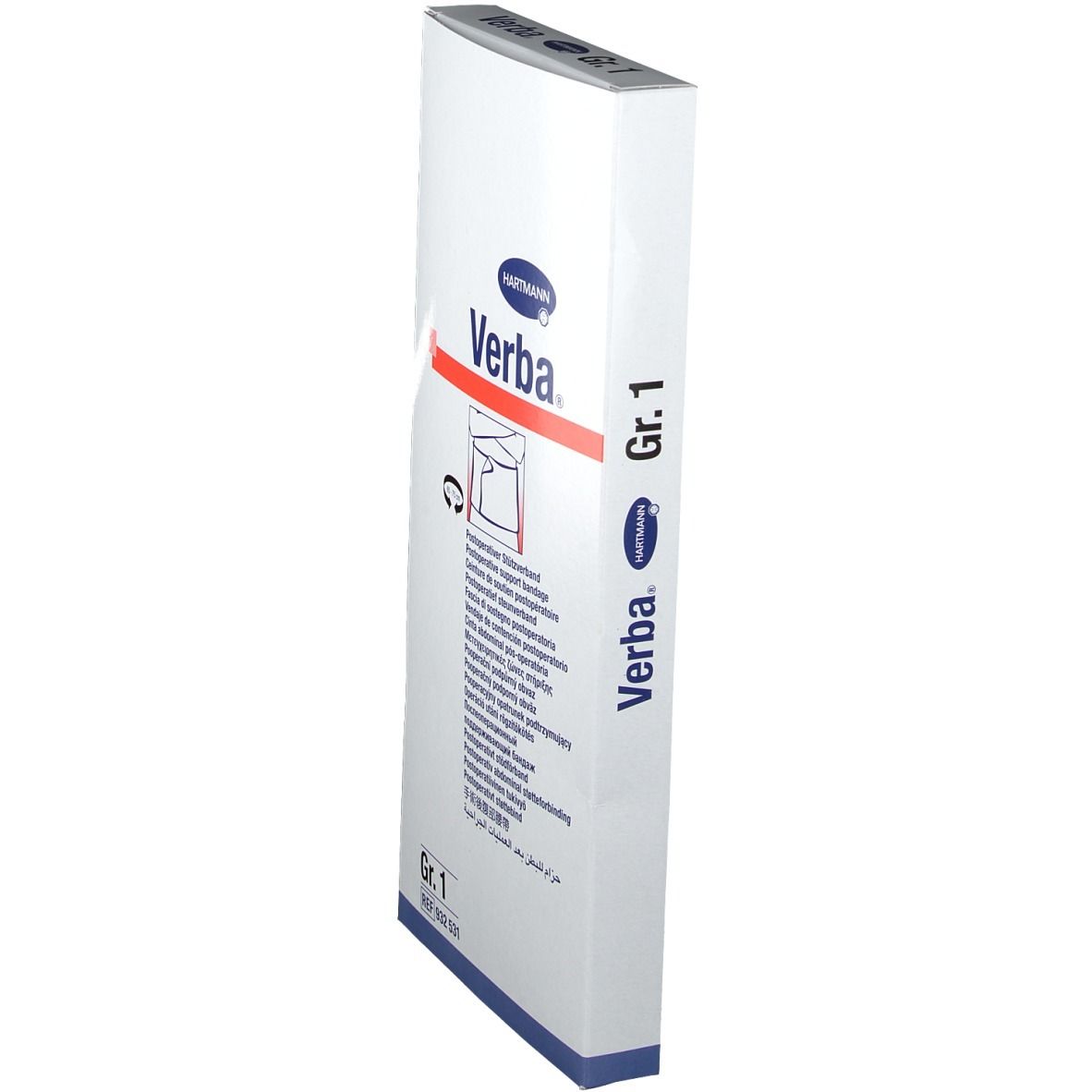 Emballage Verba Gr. 1. Blanc avec texte bleu et rouge. Logo Hartmann. Vue en biais.