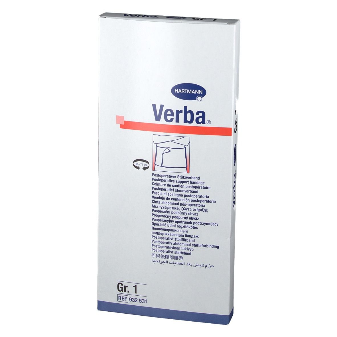 Emballage Verba Gr. 1. Face avant avec illustration du produit et logo Hartmann. Blanc avec texte bleu et rouge.