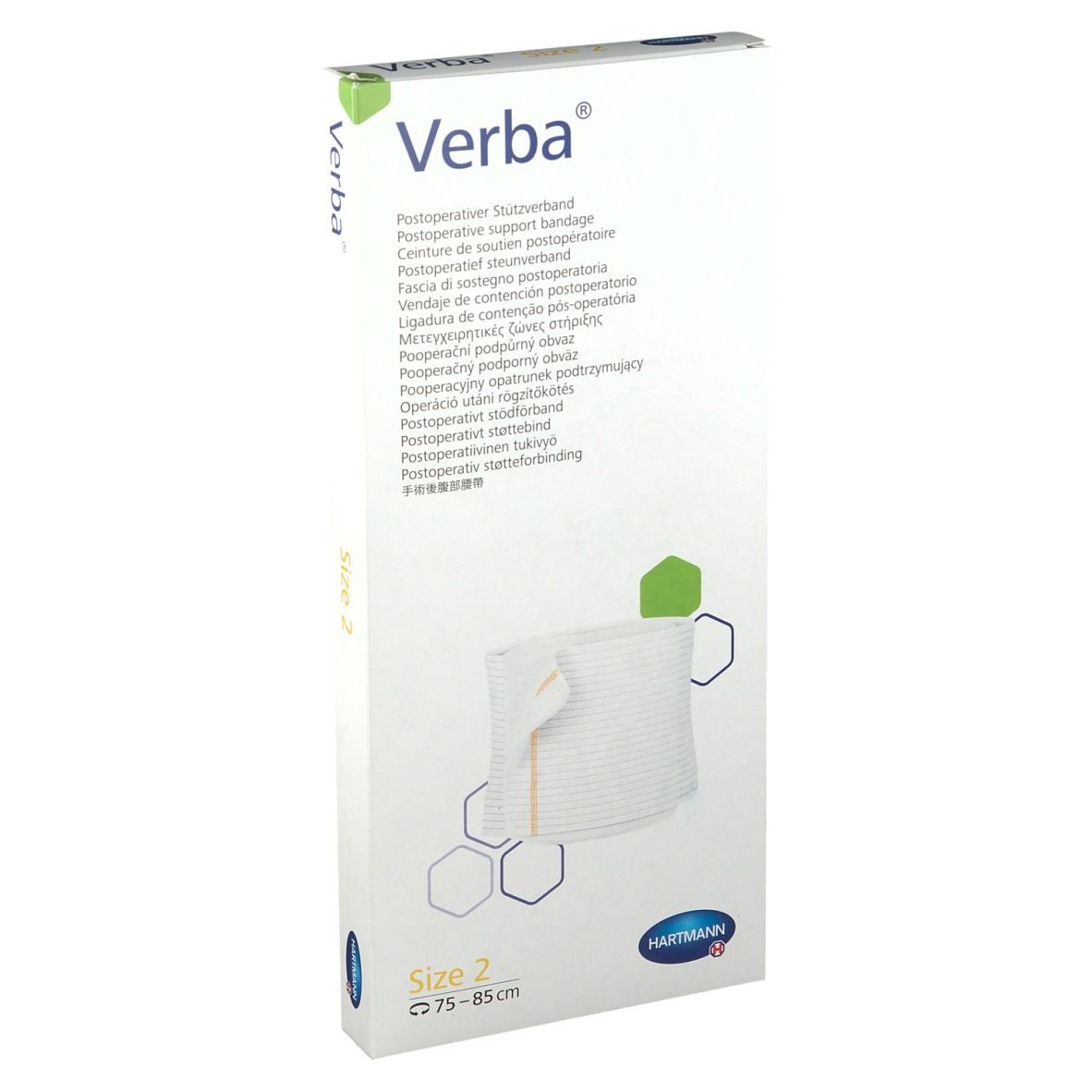 Verba bandage de soutien postopératoire, emballage. Taille 2, 75-85 cm. Logo Hartmann. Boîte blanche avec informations produit.